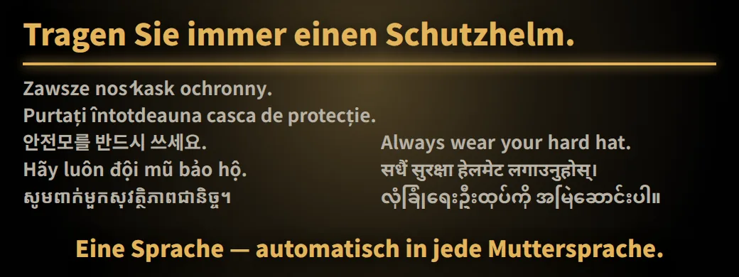Diese Regeln — können Sie sie lesen? Tragen Sie immer einen Schutzhelm. Eine Sprache — automatisch in jede Muttersprache.