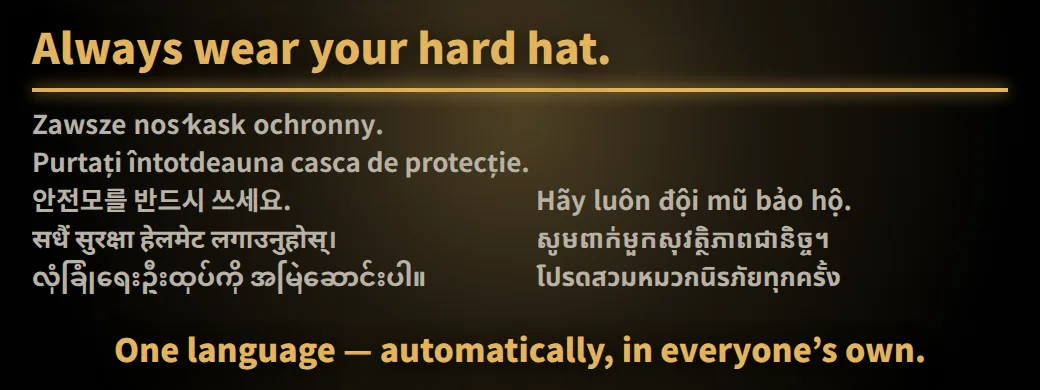 These rules — can you read them? Always wear your hard hat. One language — automatically, in everyone’s own.