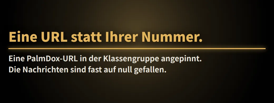 Freitagabend, 12 Nachrichten — antworten Sie? Eine URL statt Ihrer Nummer. Eine PalmDox-URL in der Klassengruppe angepinnt. Die Nachrichten sind fast auf null gefallen.