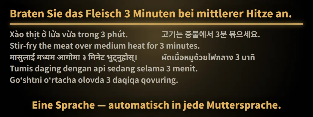 Dieses Rezept — können Sie es lesen? Braten Sie das Fleisch 3 Minuten bei mittlerer Hitze an. Eine Sprache — automatisch in jede Muttersprache.